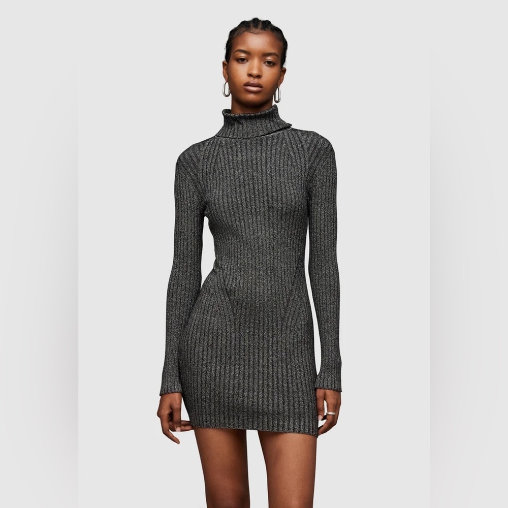 AllSaints Juliette Metallic Long Sleeve Turtleneck Rib Sweater Dress - Picture 3 of 9